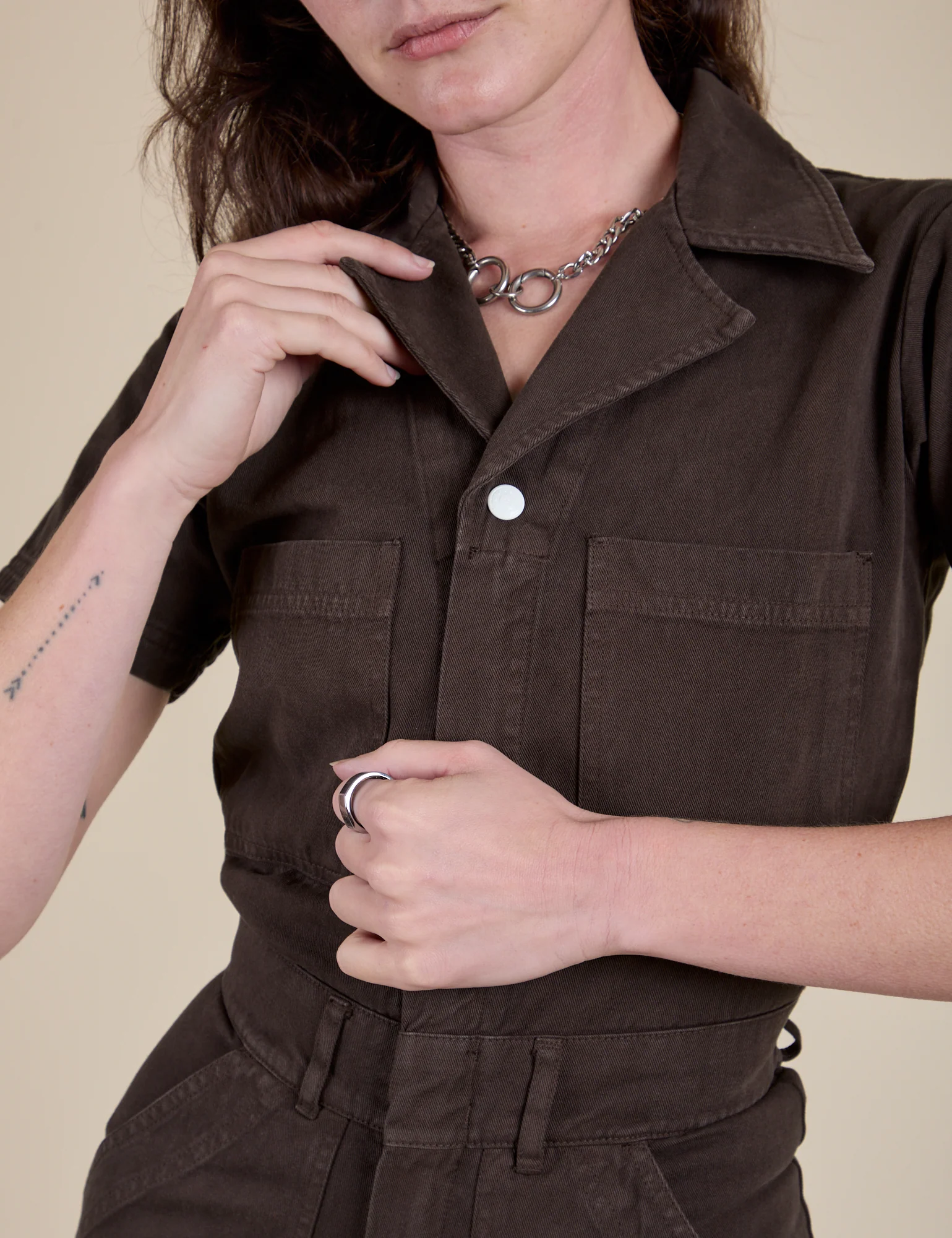 Short Sleeve Jumpsuit - Espresso Brown - Image 15
